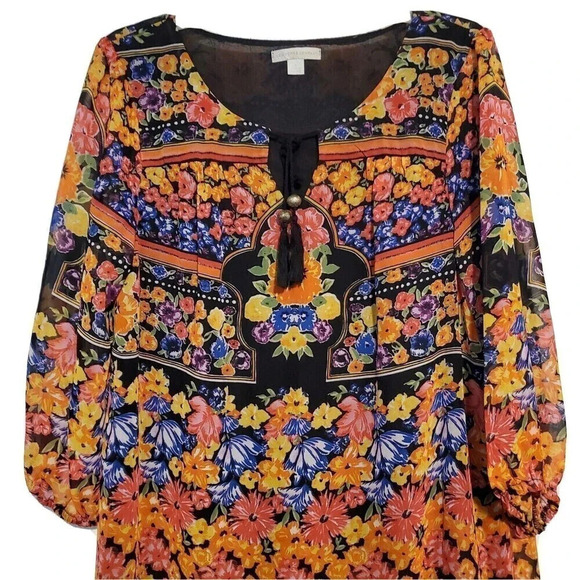 New York & Company Dress Medium Black Yellow Floral Shift Keyhole - Picture 3 of 5